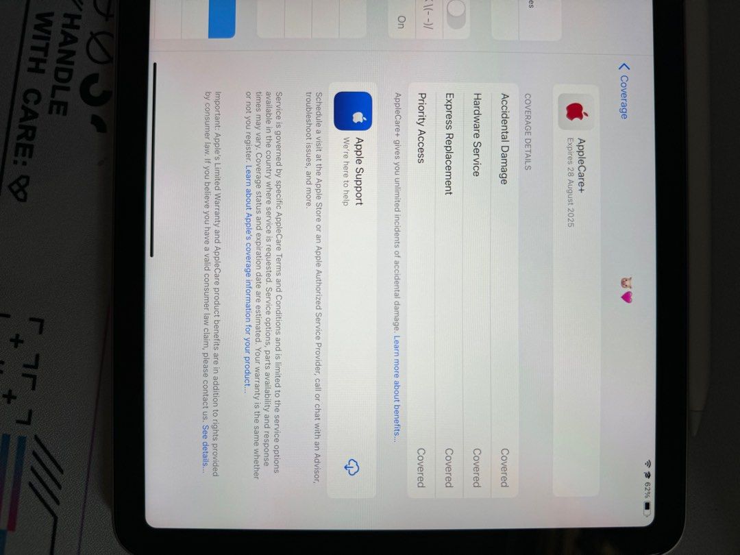 有AppleCare) iPad Air 5 wifi 粉紅色64GB 99新, 手提電話, 平板電腦