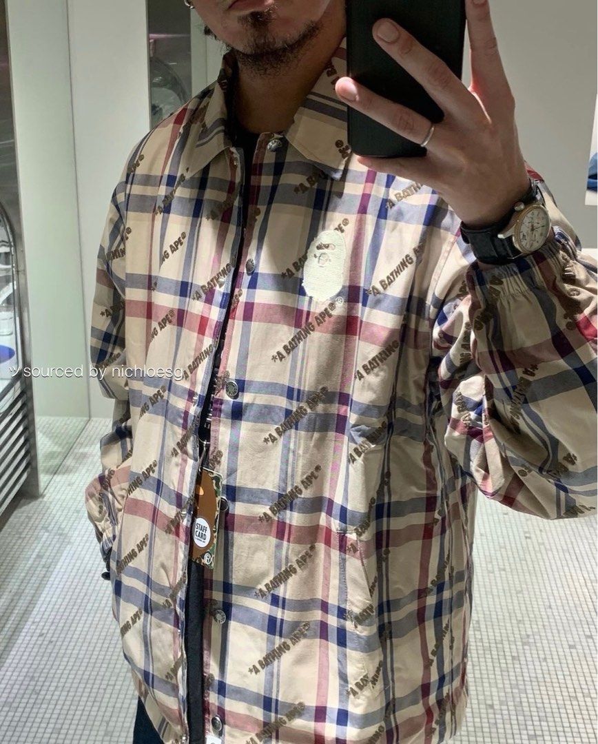 BAPE A BATHING APE LOGO CHECK PATTERN COACH JACKET, Men's Fashion