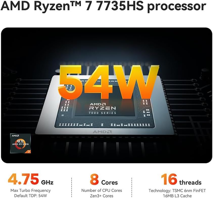 Beelink SER6 Max Mini PC, AMD Ryzen 7 7735HS (8C/16T, Up to 4.75GHz), 32G  DDR5 1TB PCIe4.0 SSD, Radeon 680M Mini Gaming PC Supports 4K@144Hz Quad