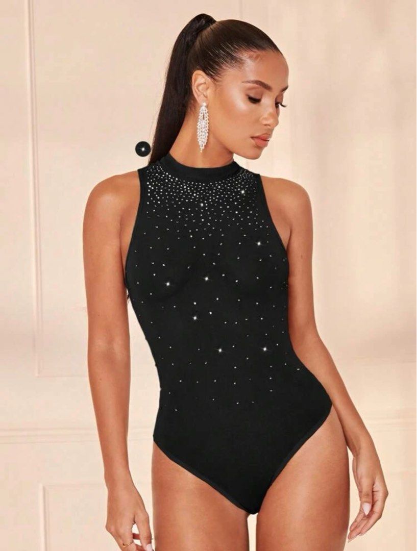 Black sexy rhinestone mesh see thru body suit, Women's Fashion