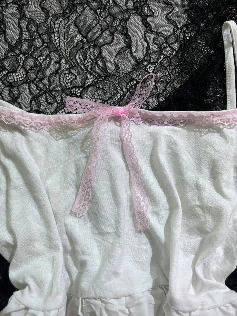 coquette babydoll white cami tank top pink bow ribbon lace