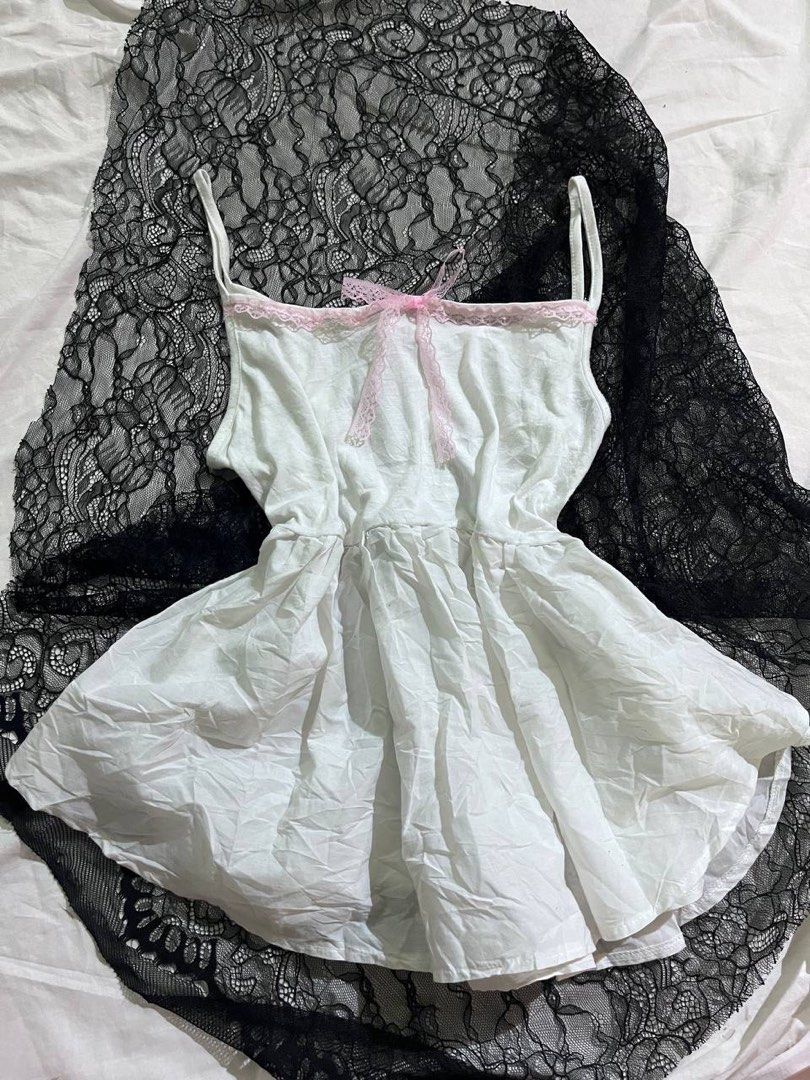 coquette babydoll white cami tank top pink bow ribbon lace