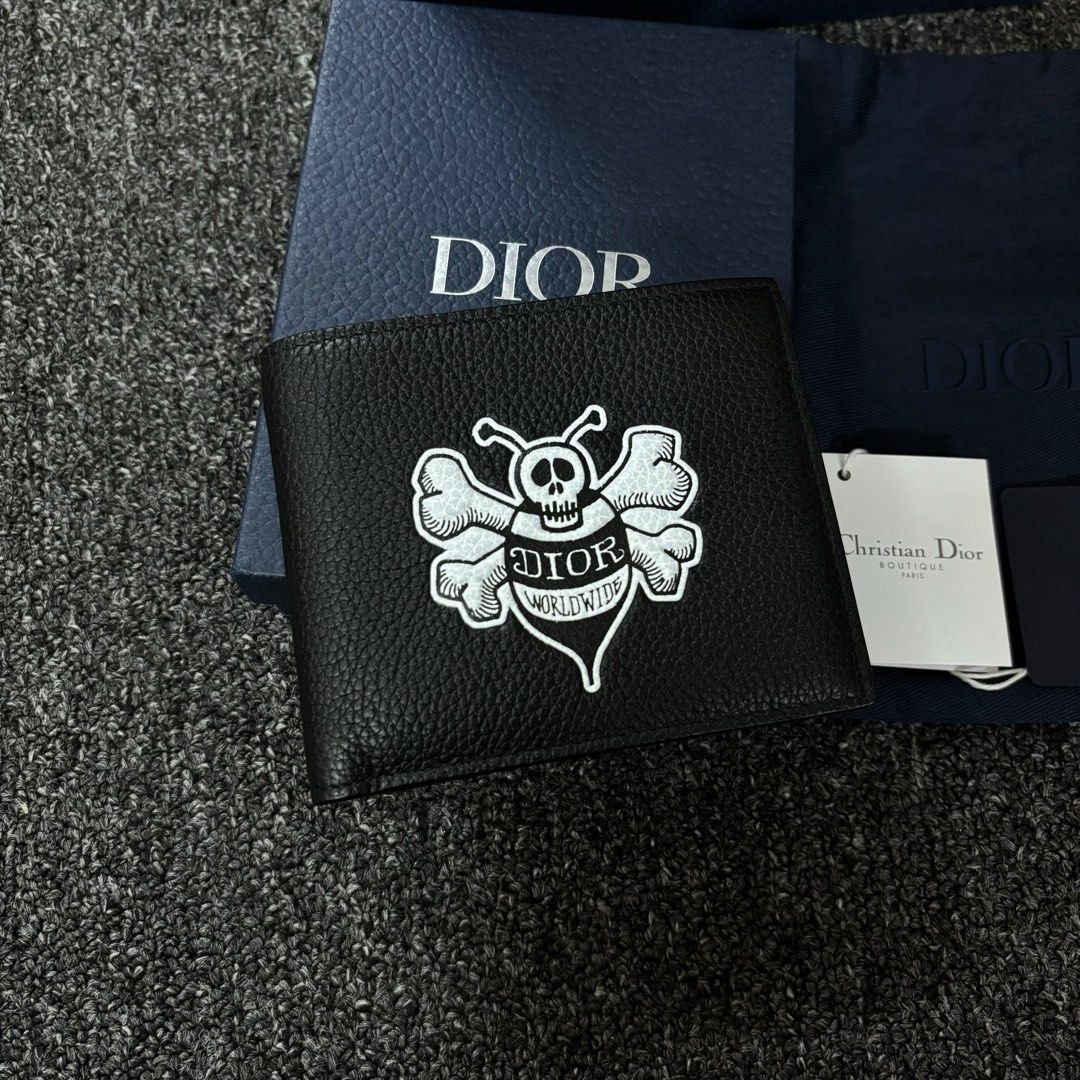 Dior x Kaws Black Leather Bee Bifold Wallet Dior