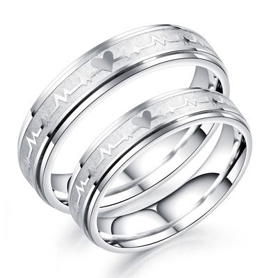 Engrave Couple 2 Ring Set Stainless Steel Heartbeat Men Women Ring