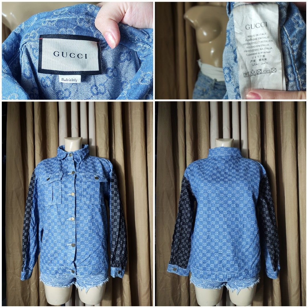 Washed organic denim jacket in dark blue and ivory | GUCCI® US