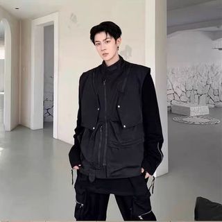 【H.BANDWAGON】暗黑科技感多層次拉鍊立體剪裁工裝風立領馬甲背心 疊穿 百搭