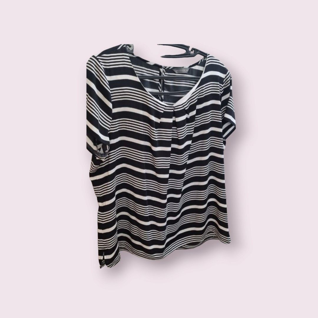Jacqui E from australia top (Category: Blouses) located in Taguig. Submitted by rochev (Listing ID 1225177070, Image 1). Description: In great condition, office wear look Australia's loved brand Jacqui E. Minor snag on the top left which is barely noticeable because of the stripes style. Silky fabric..
