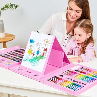 Kids Drawing Kit, 208Pcs Portable Kids DIY Drawing Kit with Storage Box  Cartoon Design Assorted Bright Colors Multi Purpose Colored Crayons for