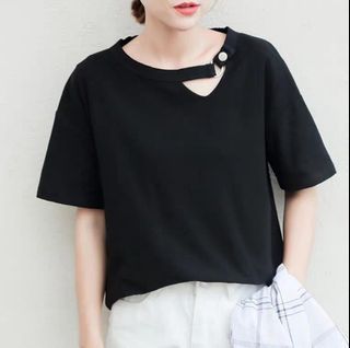 Ladies Collar Strap Plain Black Top T-Shirt