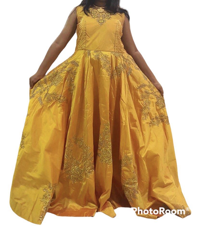 Golden Yellow full flared long dress with zari embroidery SG Ready stock fully stitched traditional dress party wear anarkali Indian traditional