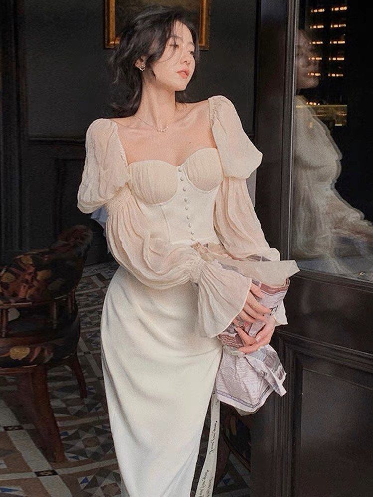 PO white dress with dreamy sleeves bodycon evening prom birthday party