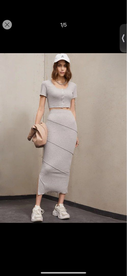 SHEIN Mulvari Button Front Crop Tee And Slit Skirt Set (Category: Sets or Coordinates) located in Manila. Submitted by hazelgrace_ (Listing ID 1264397840, Image 1). Description: Gray coords, very elegant, wore it once for dinner on my SG trip, then I’ve never worn it again. Rfs: I like this set but I don’t feel like wearing it anymore.