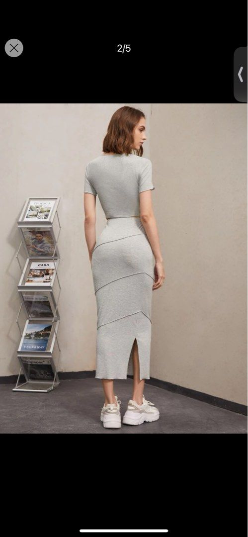 SHEIN Mulvari Button Front Crop Tee And Slit Skirt Set (Category: Sets or Coordinates) located in Manila. Submitted by hazelgrace_ (Listing ID 1264397840, Image 2). Description: Gray coords, very elegant, wore it once for dinner on my SG trip, then I’ve never worn it again. Rfs: I like this set but I don’t feel like wearing it anymore.