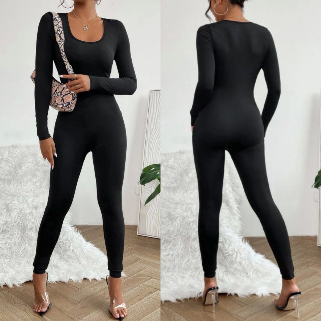 White Solid Scoop Neck Unitard Jumpsuit