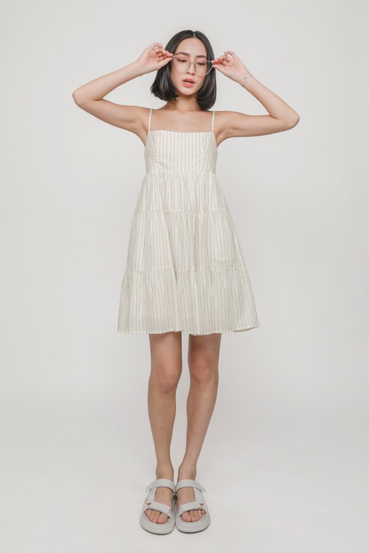 TTR Roxana Tiered Babydoll Dress (Cream Stripes), Women's Fashion