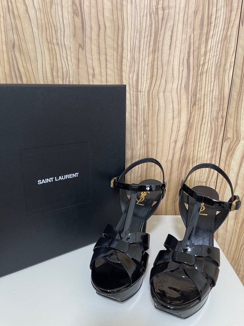 Tribute platform sandals in patent hotsell leather