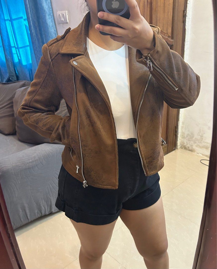 Zara Trafaluc Brown Faux Leather Moto Jacket Women s Fashion