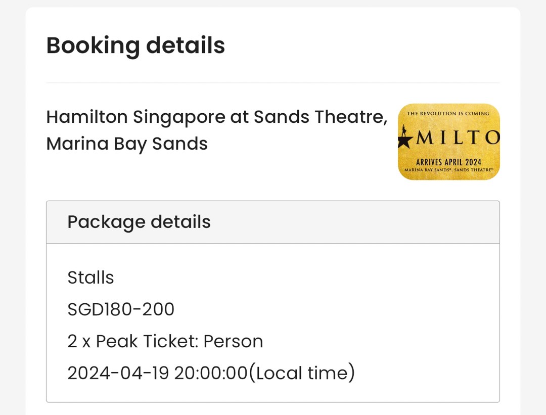 COST PRICE WTS 2x Hamilton Musical Tickets Tickets Vouchers