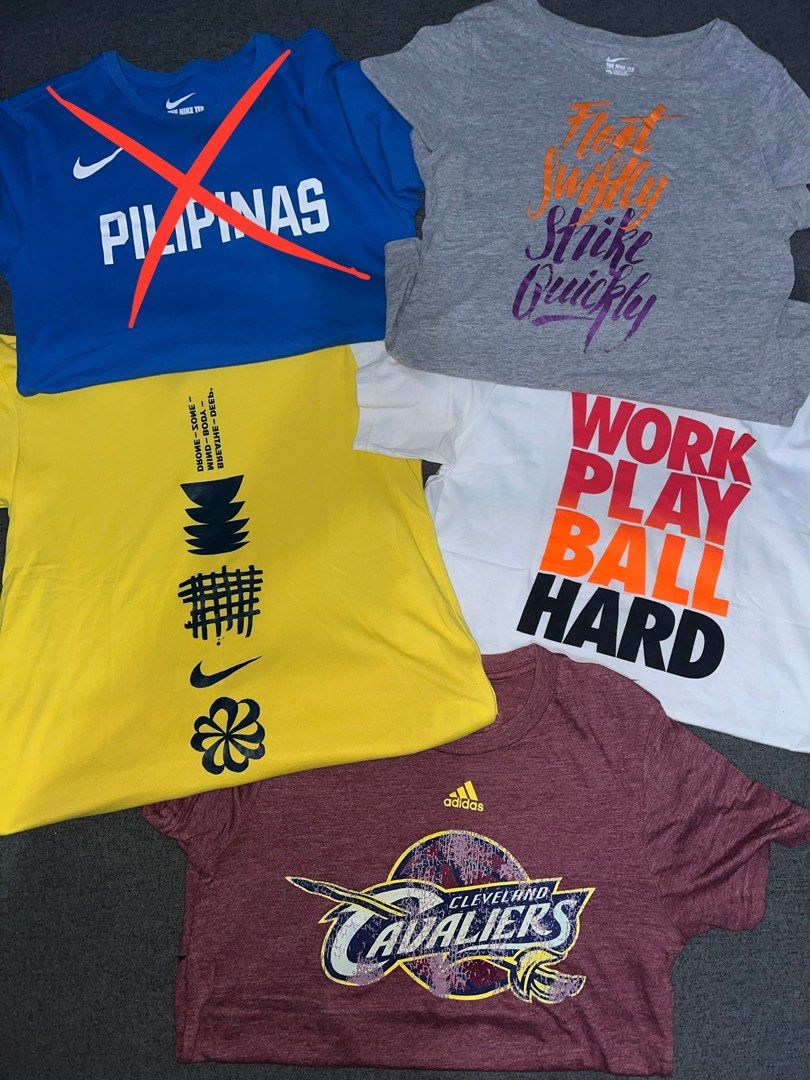 Authentic Nike Shirts [AS PACK] (Category: Shirts) located in Lucena. Submitted by declutteringgabe (Listing ID 1263880537, Image 1). Description: -Personal preloved shirts -For small-framed body -RFS: decluttering, nakatambak lang -Selling as pack (send a msg if indiv) NIKE PILIPINAS TEE (S) — SOLD NIKE YELLOW TEE (S) NIKE WHITE TEE (L—fits small) NIKE GRAY TEE (XL—fits small) ADIDAS CAVS TEE (L—fits small).