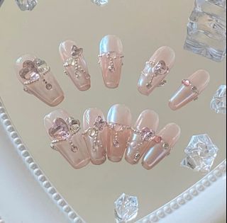 Louis Vuitton inspired sparkly pink and white Luxury Press on Nails -  Slaylebrity