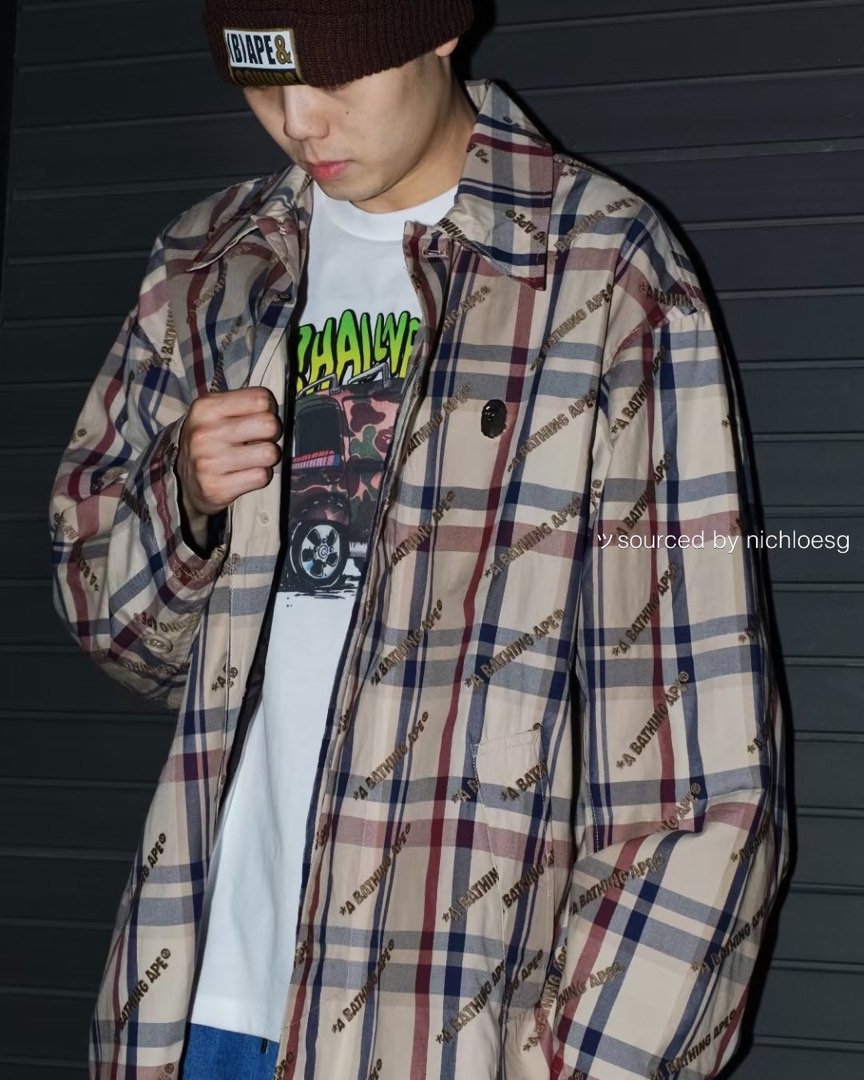 BAPE A BATHING APE LOGO CHECK PATTERN LONG COAT