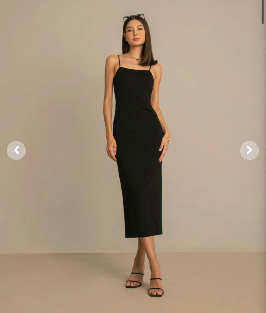 Krista Asymmetrical Strap Midi Dress (Black)