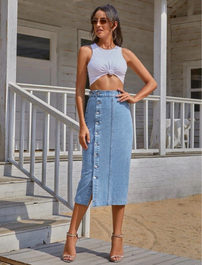 Button front long line denim skirt