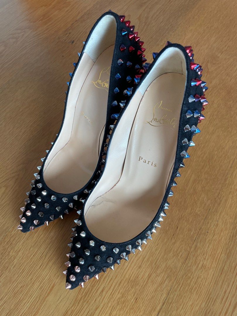 Christian Louboutin Heels (100mm) (Category: Sneakers & Footwear) located in Manila. Submitted by recommerceboutique (Listing ID 1264448420, Image 1). Description: Christian Louboutin Model: Follies Spikes Material: Suede Color: Black Heel height: 100mm Size: 38 .