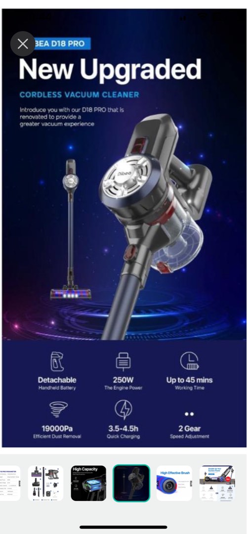 Dibea D18 Pro Cordless Vacuum Cleaner Handheld Stick LED Light, TV