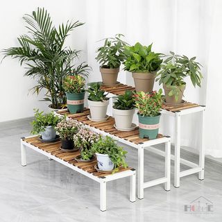[FREE DELIVERY] Wooden Plant Rack Carbonized Soild Wood Waterproof Flower Step Display Stands Multi-Layer Ladder Shelf By Gardens Outdoor And