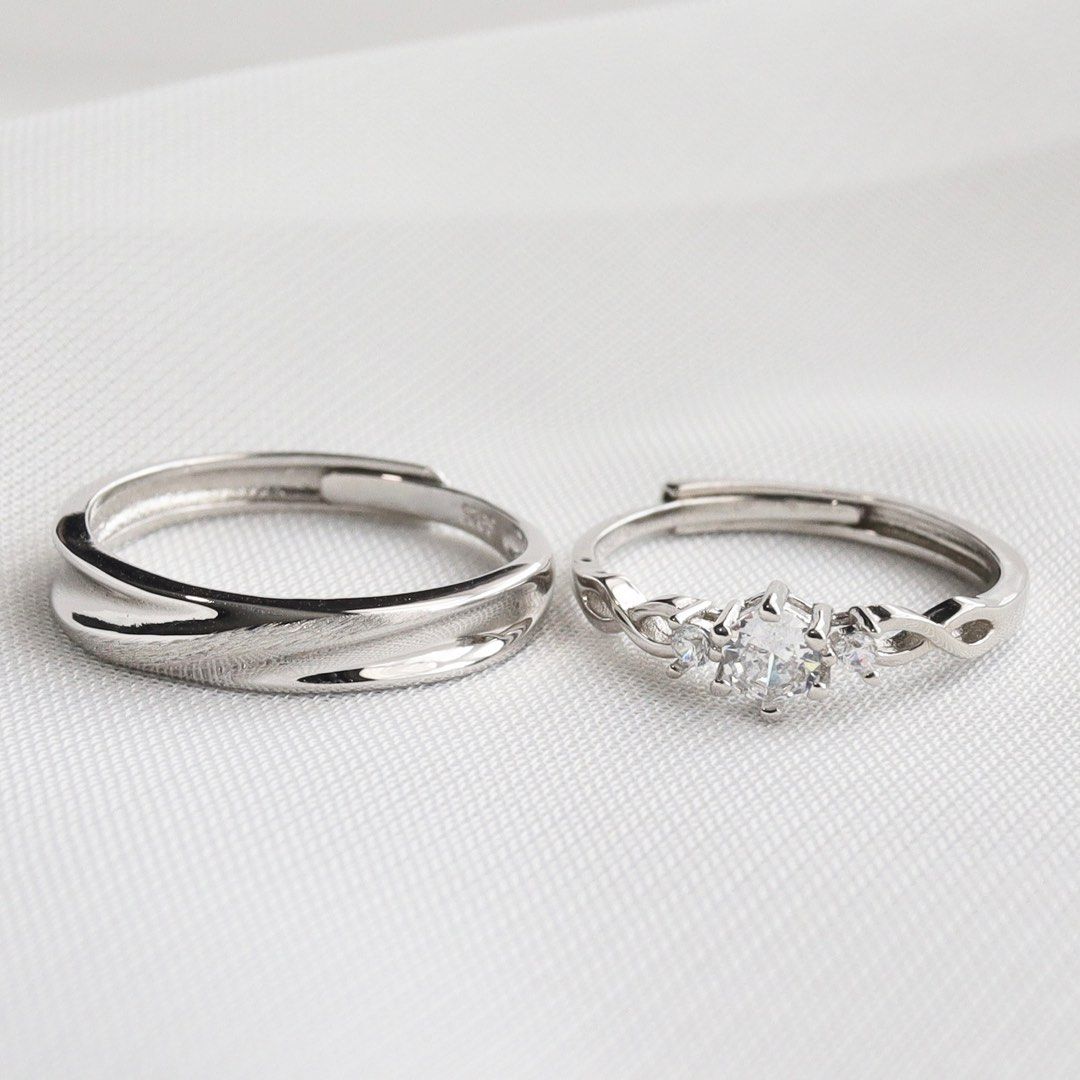 Jetta 925 Silver Adjustable Couple Rings Wedding band Diamond simulant edition