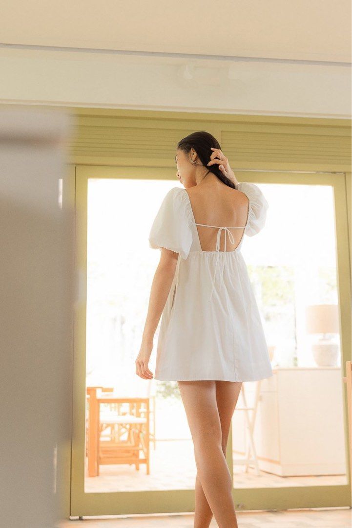 lovet SHERRY BUBBLE SLEEVE TIE BACK PADDED BABYDOLL DRESS WHITE