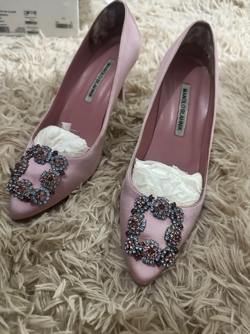 Manolo Blahnik Hangisi Pink Satin with Multicolored Crystal Buckle Luxury Sneakers Footwear on Carousell