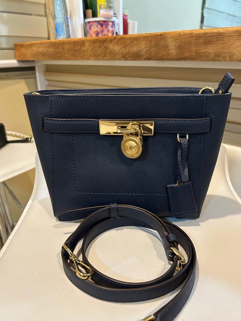 Michael Kors Md Hamilton Traveler Top Zip Messenger Leather Bag Navy