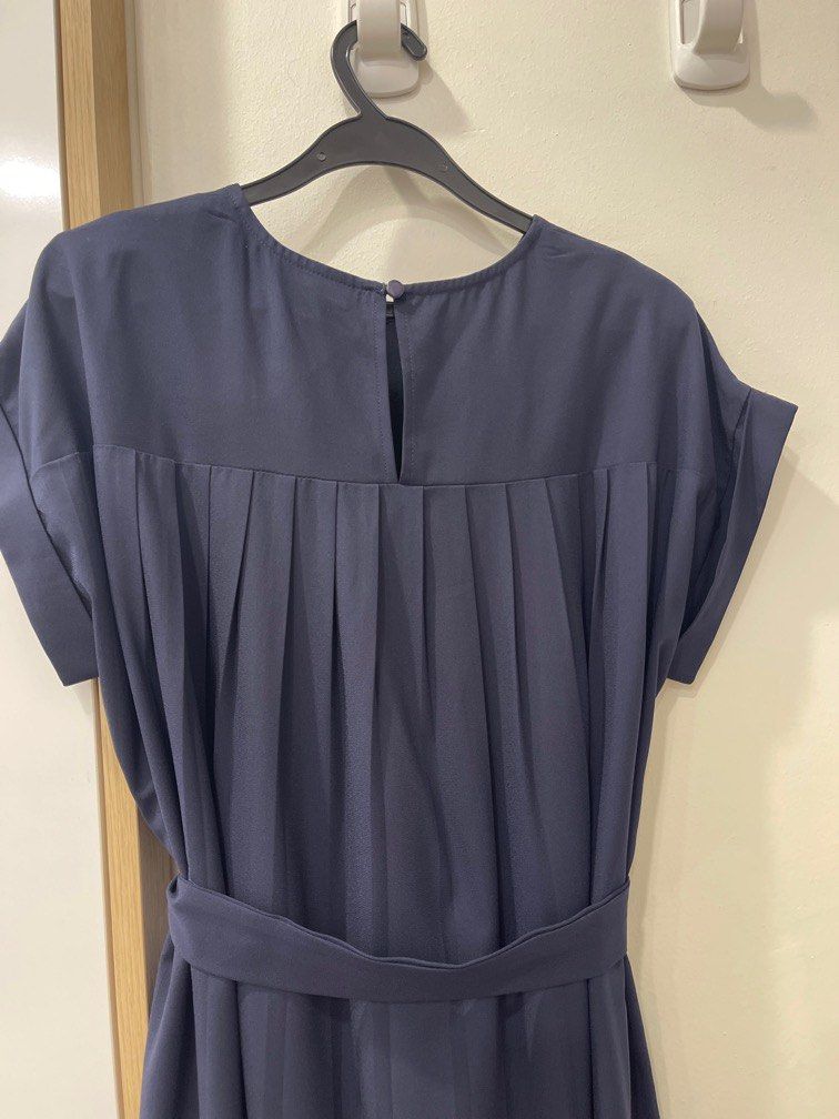 LEEZ Women Long Sleeve Pleated Shirt Dress - Navy