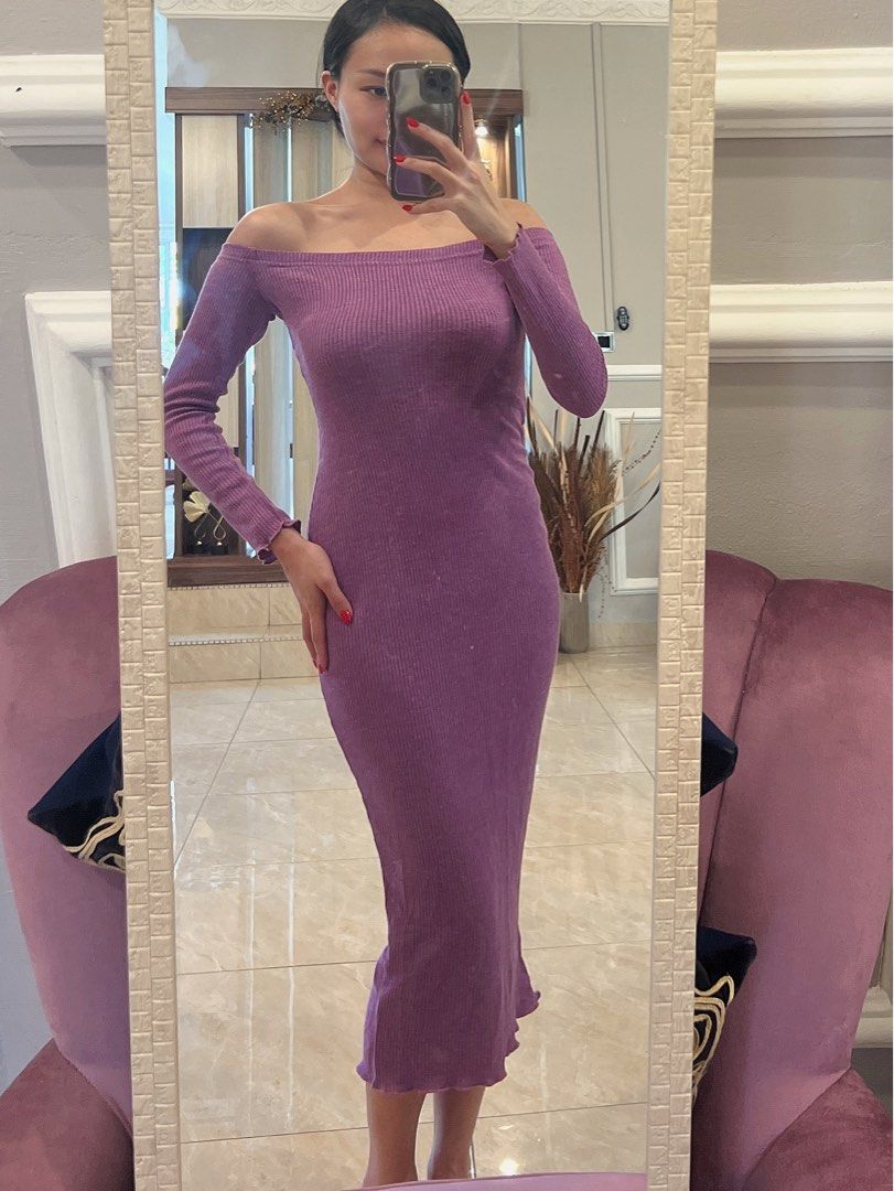 Purple Off-Shoulder Knit Dress