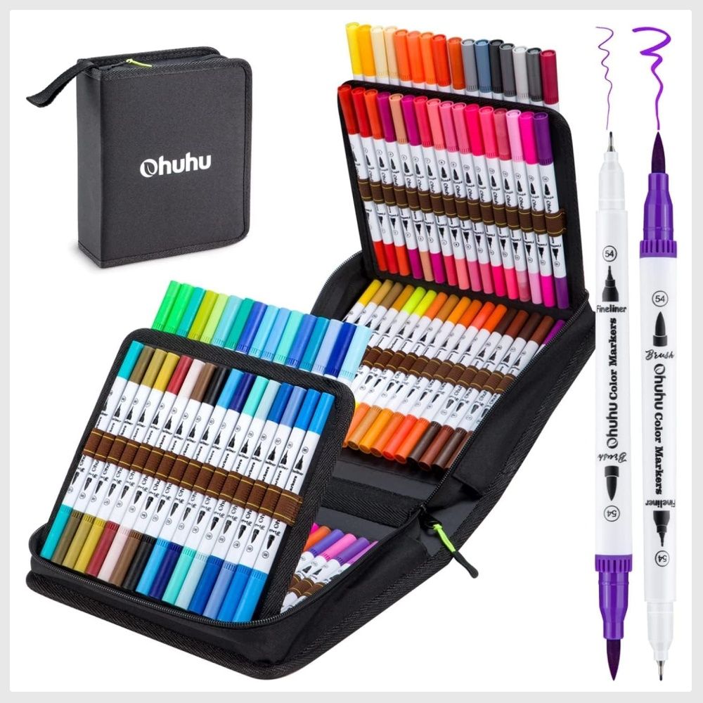 Ohuhu Markers for Adult Coloring Books: 60 Colors Coloring Markers Dual  Tips Fine & Brush Pens Water-Based Art Markers for Kids Adults Drawing