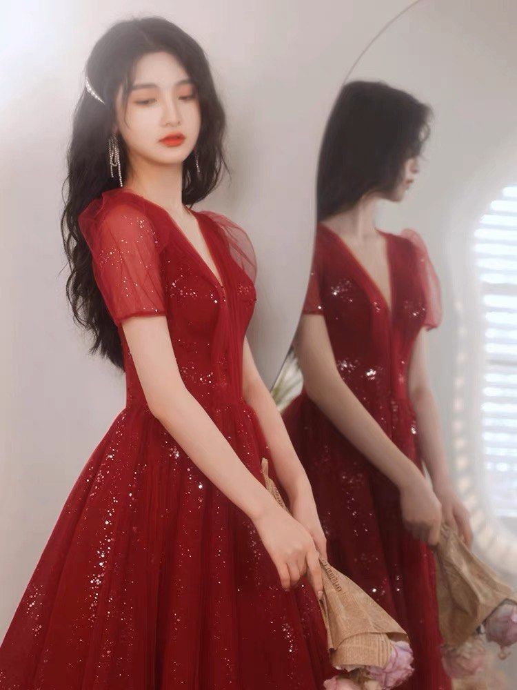 PO Red Tea length Dress sparkles evening prom birthday