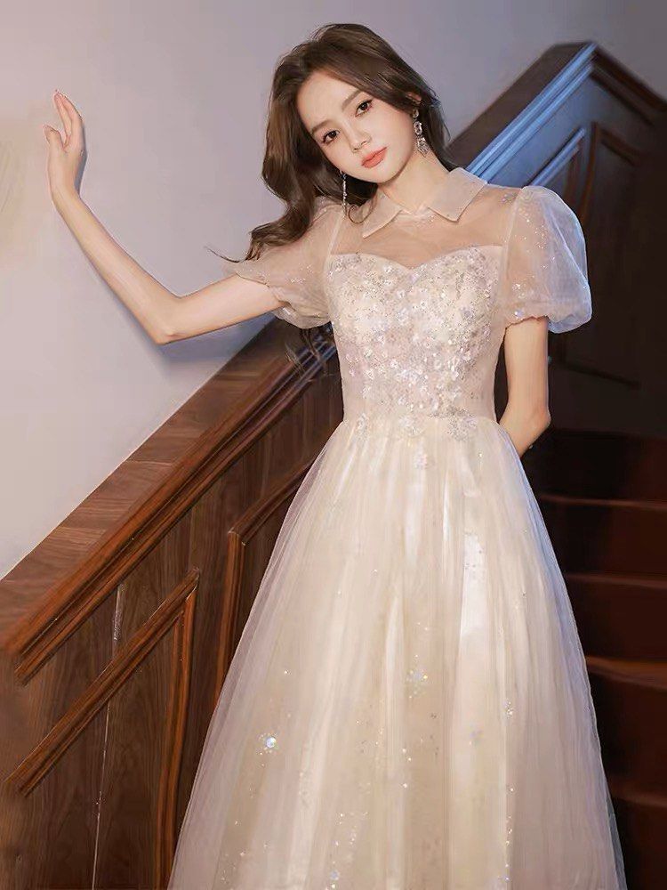 Beige tea length dress new arrivals