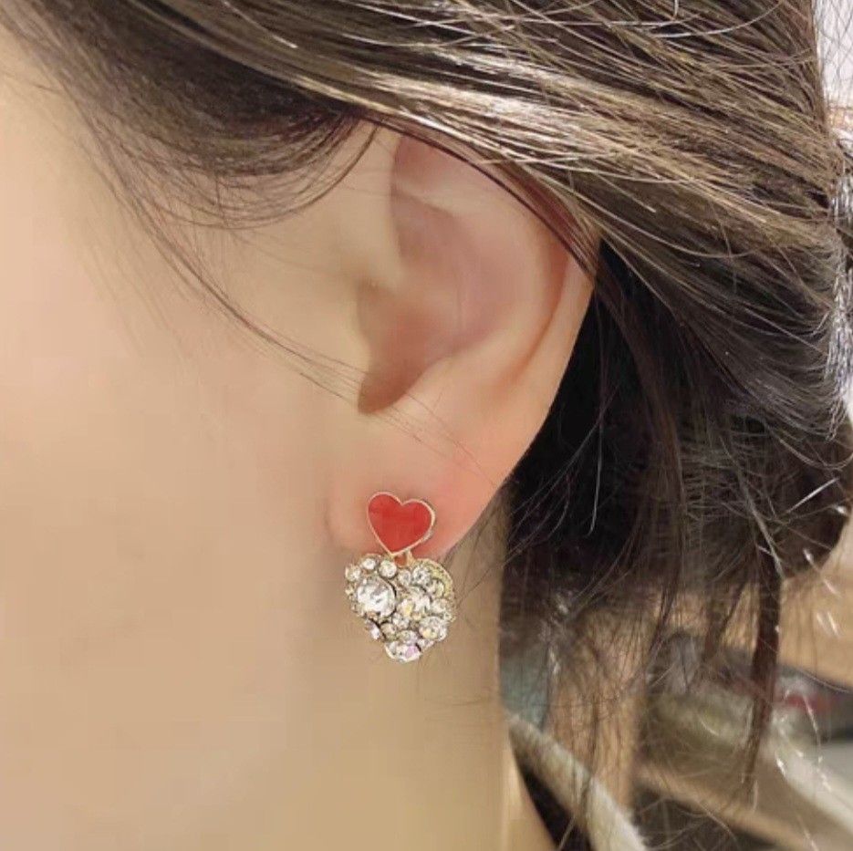 S925 Red and zircon heart dangle earrings Women s Fashion