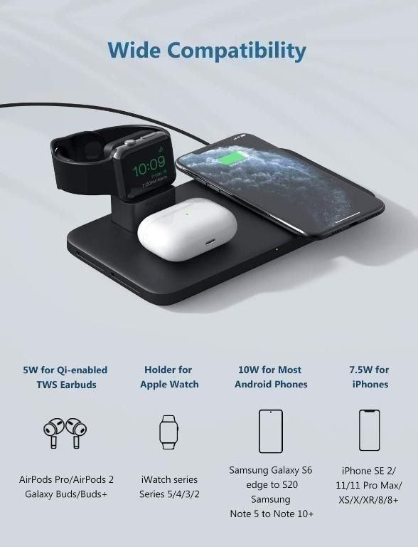 Seneo PA202A 3 in 1 Wireless Charger Wireless Charging Pad Mobile Phones Gadgets Mobile Gadget Accessories Chargers Cables on Carousell