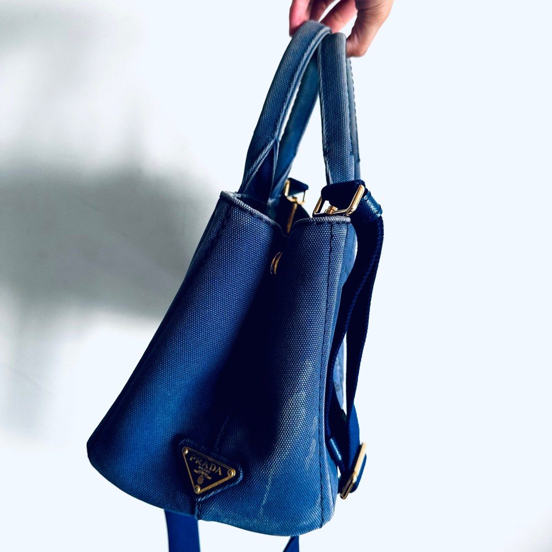 STEAL Prada Dark Blue GHW Small Canapa Classic Logo 2 Way