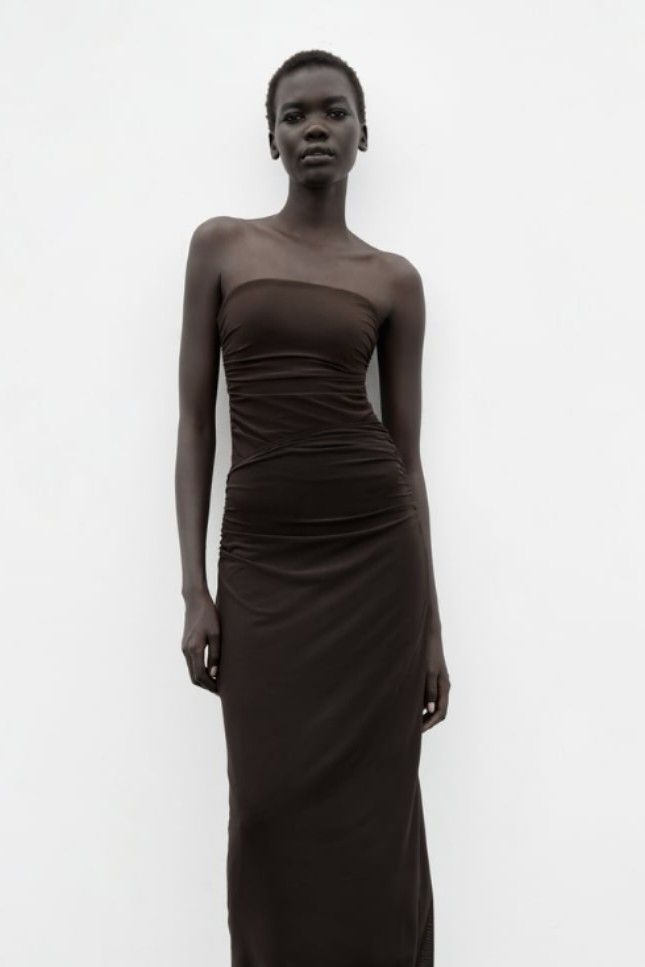 zara black ruched bodycon tube midi dress, Women's Fashion, Dresses & Sets,  Dresses on Carousell