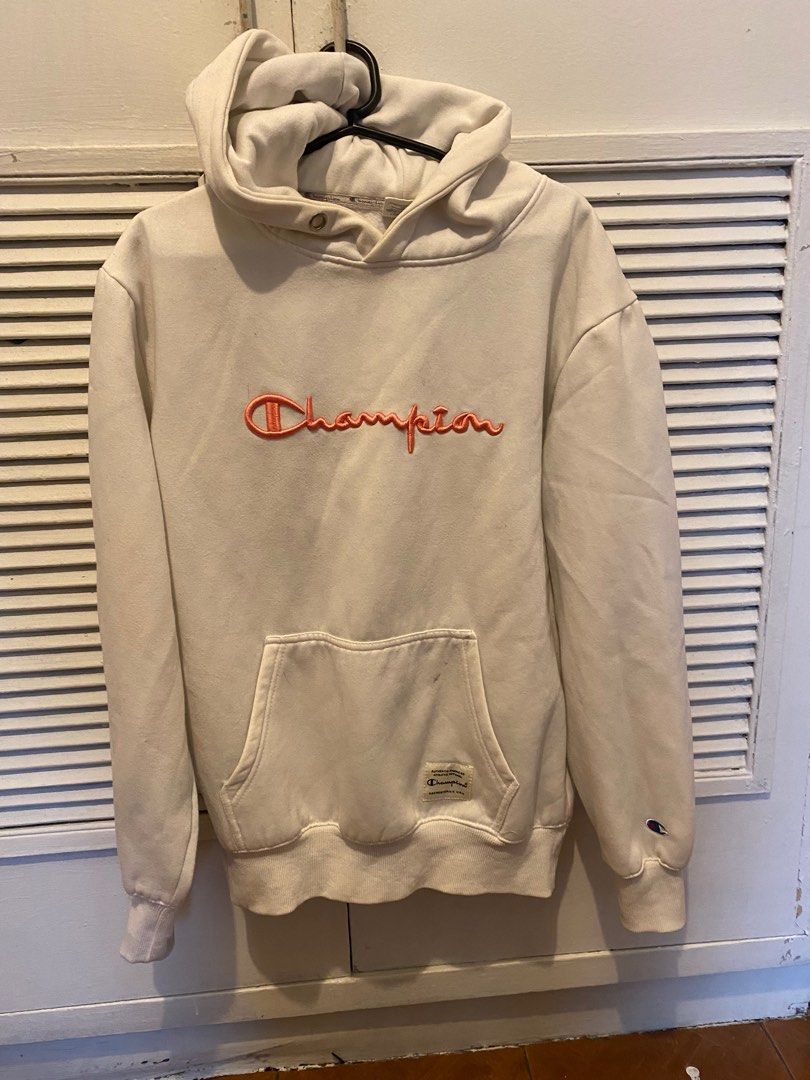White Champion Hoodie with Pink Embroidery