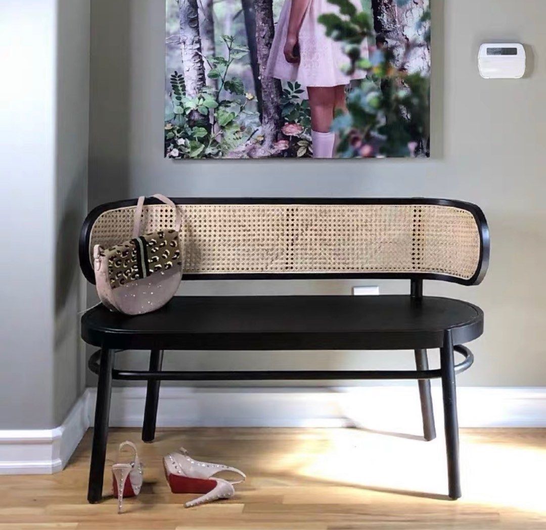 42 Inch Black Rattan Dining Bench, Farmhouse Woven Bench For