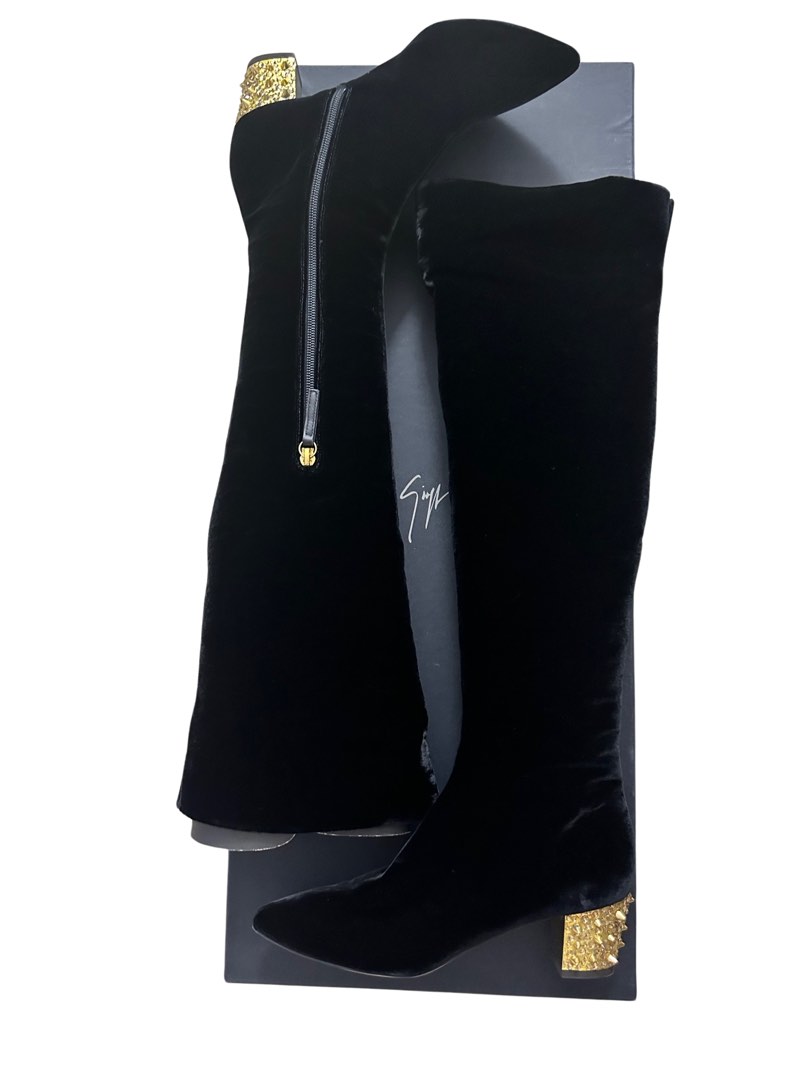 Giuseppe Zanotti Velvet Knee High Gold Spike heel Boots