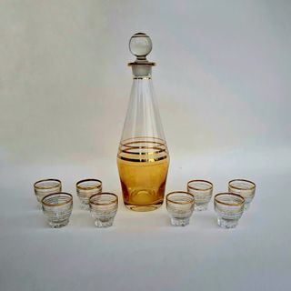 Glass Decanter with 8 Shot Glasses Bowling Pin Style Vintage France