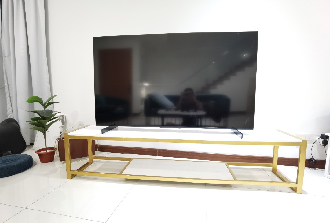 Gold metal TV Rack with Marble table top One Piece Rack No Screw