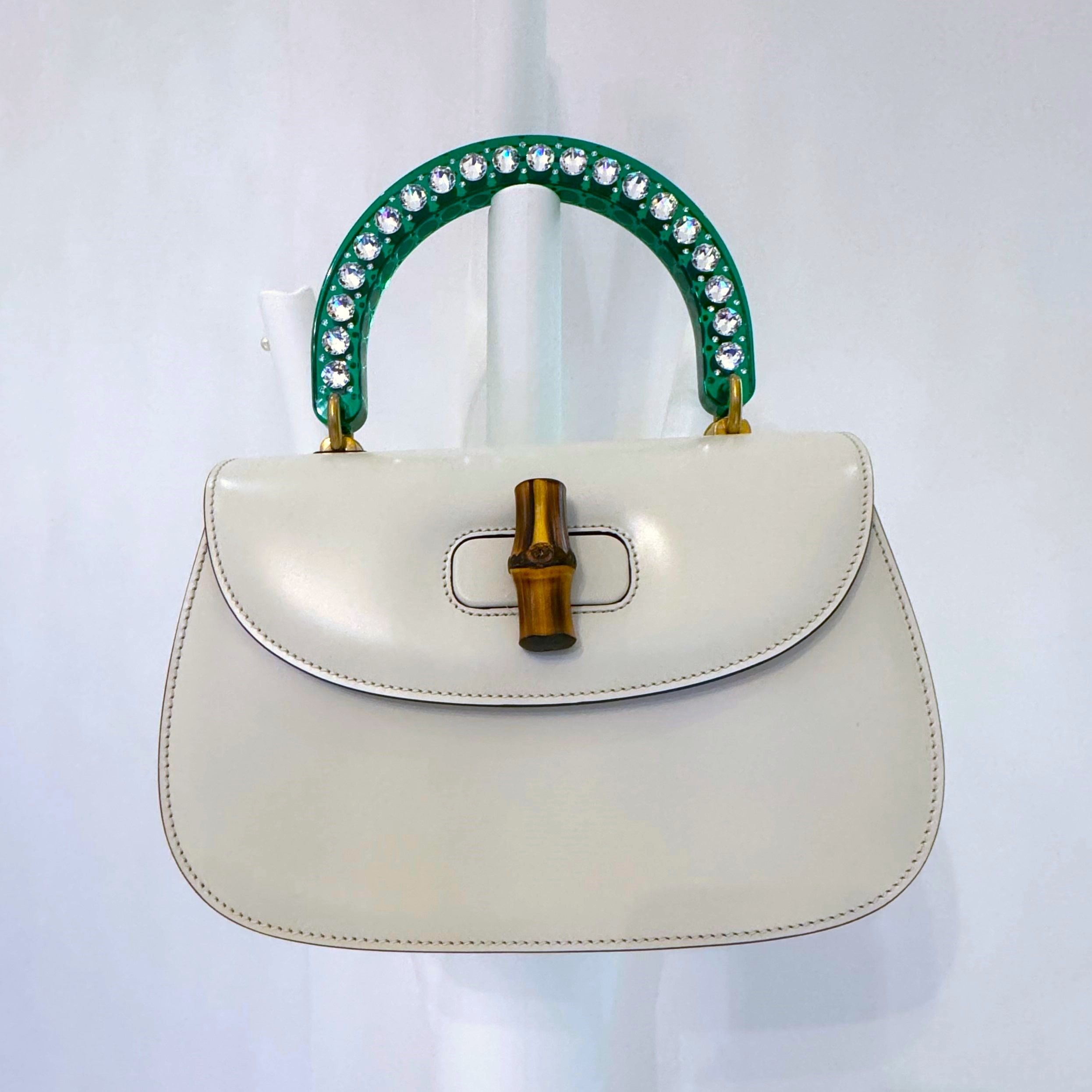 Gucci Cream Leather Bag with Green Handle and Swarovski Crystals Limited Edition