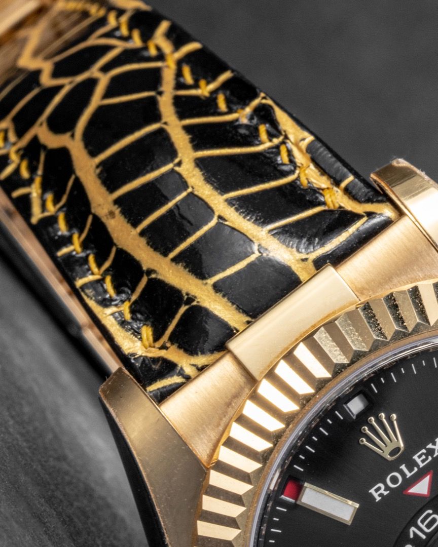 Handmade Hand-stitched Watch Strap in Black Gold Alligator Leather For Client’s Rolex Sky Dweller 326238 Watch (Category: Men's Watches) located in Singapore. Submitted by solitaire.official (Listing ID 1264726043, Image 3). Description: 𝐒𝐡𝐨𝐰𝐫𝐨𝐨𝐦 𝐚𝐝𝐝𝐫𝐞𝐬𝐬 : 𝐅𝐚𝐫 𝐄𝐚𝐬𝐭 𝐏𝐥𝐚𝐳𝐚 #𝟎𝟑-𝟏𝟐𝟗 𝐎𝐩𝐞𝐫𝐚𝐭𝐢𝐧𝐠 𝐡𝐨𝐮𝐫𝐬 : 𝟏𝐩𝐦 - 𝟕𝟑𝟎𝐩𝐦 𝐝𝐚𝐢𝐥𝐲 𝐏𝐫𝐢𝐜𝐞 𝐨𝐟 𝐨𝐮𝐫 𝐜𝐮𝐬𝐭𝐨𝐦 𝐦𝐚𝐝𝐞 𝐬𝐭𝐫𝐚𝐩𝐬 𝐰𝐢𝐥𝐥 𝐛𝐞 𝐟�
